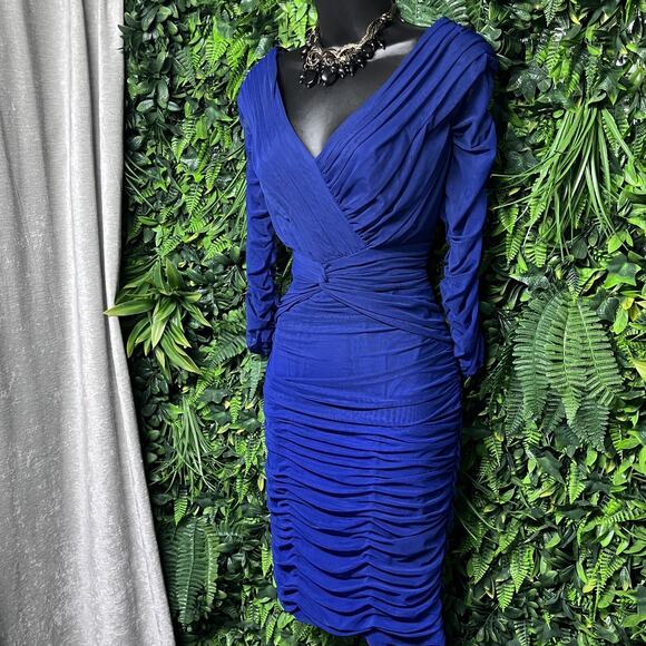 TADASHI SHOJI Dress Women XS Blue Fitted V Neckline Ruched Pleated Cocktail 2741 - Picture 1 of 9